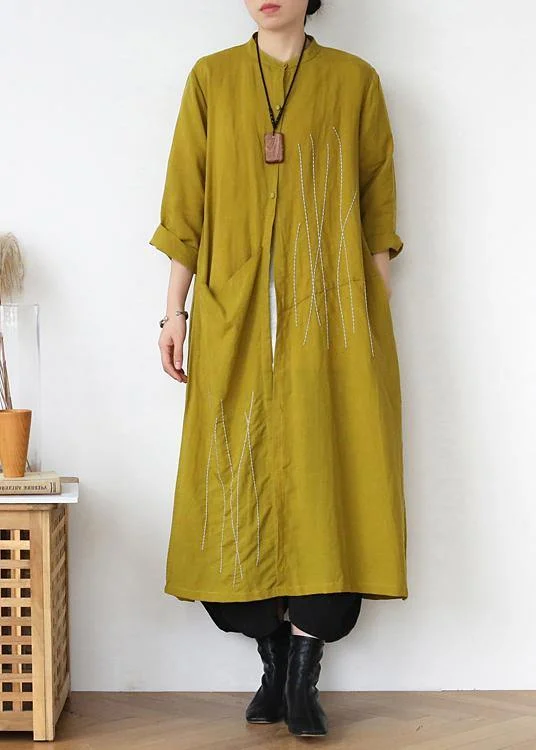 Plus Size Yellow Peter Pan Collar Linen Long Spring Coat Stand-Up Roll-Neck Turtle
