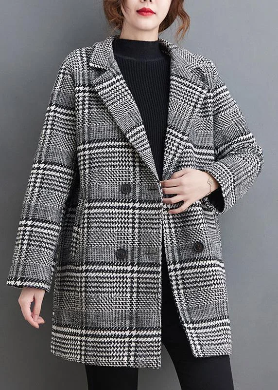 Style Plaid Outwear Design Notched Pockets Spring Coat Wool Cashmere Tweed