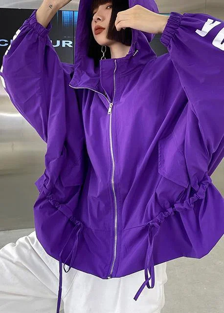 Unique Purple Cotton Letter zippered Hooded Coat Spring Zip Front Button Front Snap Front