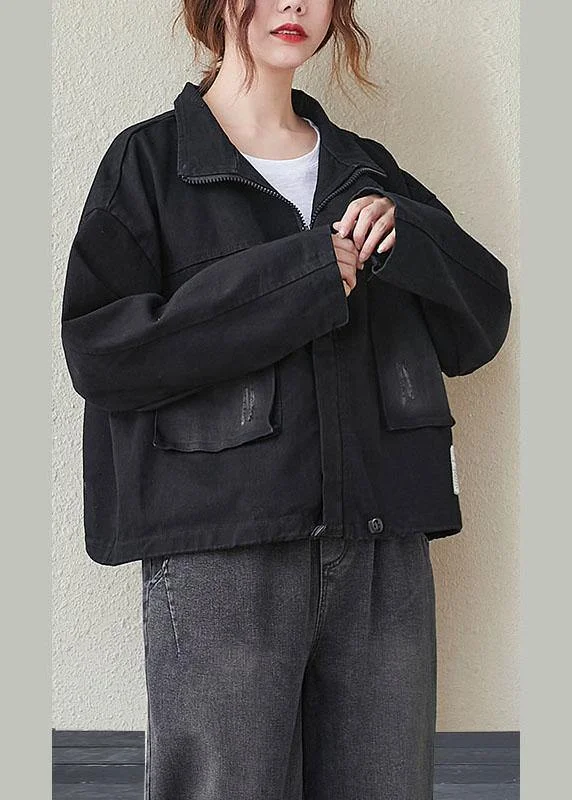 Women Black Pockets zippered drawstring Fall Denim Long sleeve Coat Trim Padded Insulated Women Black Pockets zippered drawstring Fall Denim Long sleeve Coat Trim Padded Insulated