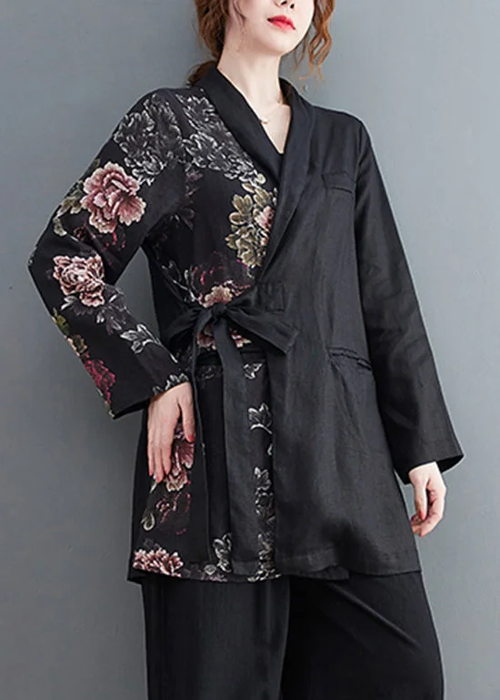 Women Black tie waist Asymmetrical Pockets Print Linen coat Long Sleeve Lapel Coat Peter Pan Collar Coat Cowl Neck Coat