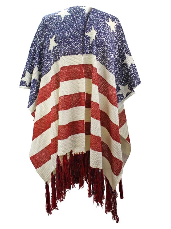 Americana Faded Flag Print Knit Shawl With Long Tassel Fringe Chic Floral Print Shawl