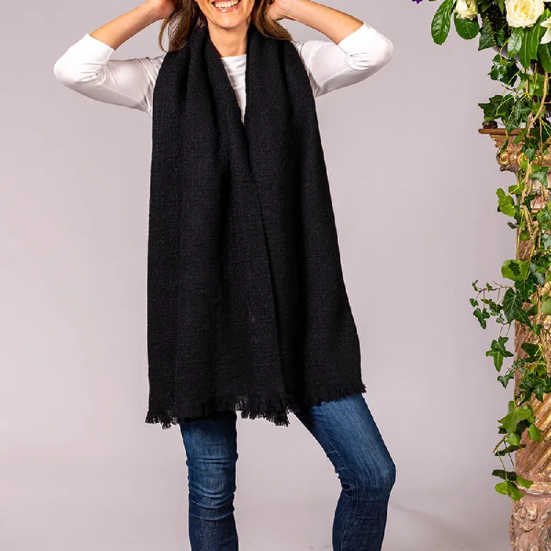 Super Luxe Ebony Black Basket Weave Cashmere Shawl Fashionable Embroidered Shawl