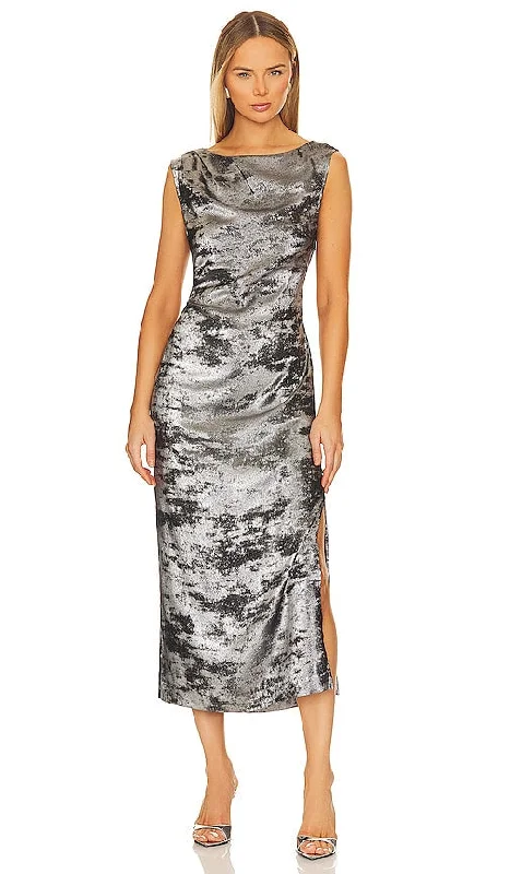 Brochu Walker Trey Draped Waist Dress in Metallic Silver