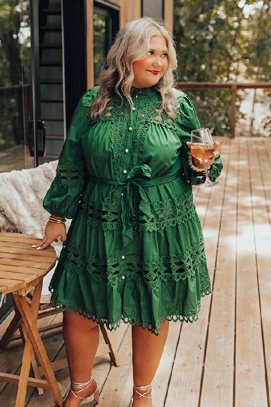 Candlelight Dinner Crochet Mini Dress in Hunter Green Curves