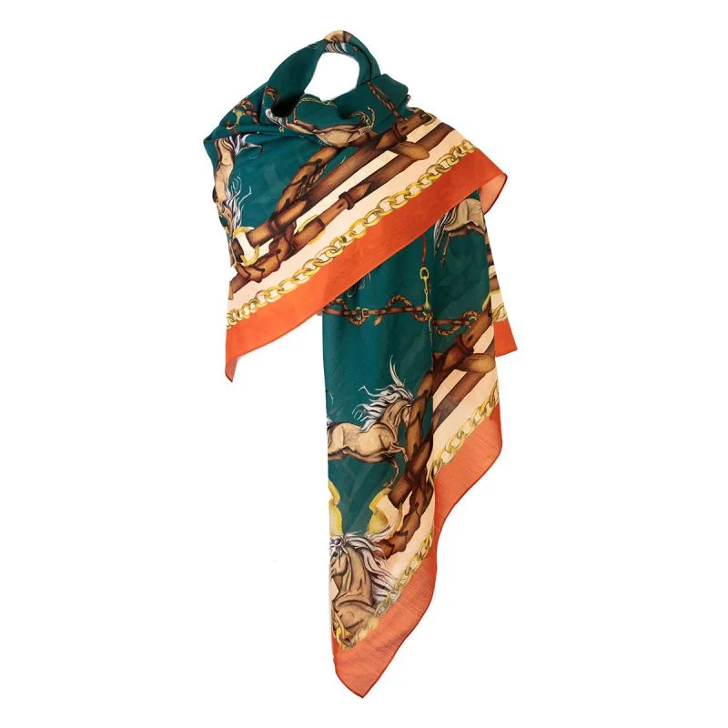 Clare Haggas Rearing To Go Wool/Silk Shawl - Teal & Rust Fashionable Shawl with Tassels