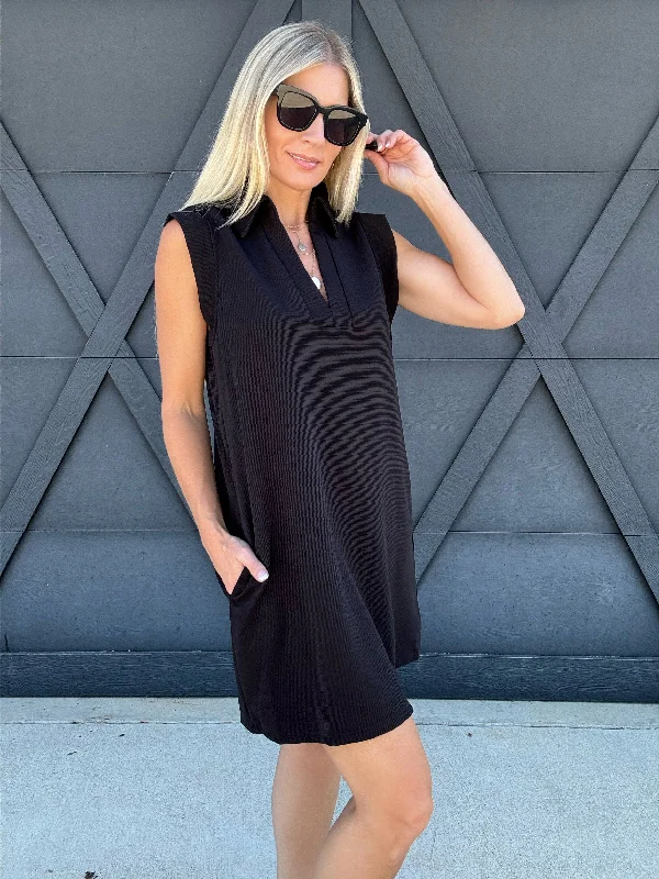 Collared  Mini Dress With Pockets In Black