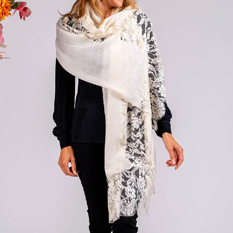 Cream Cashmere and Chantilly Lace Shawl Elegant Pashmina Shawl Cape