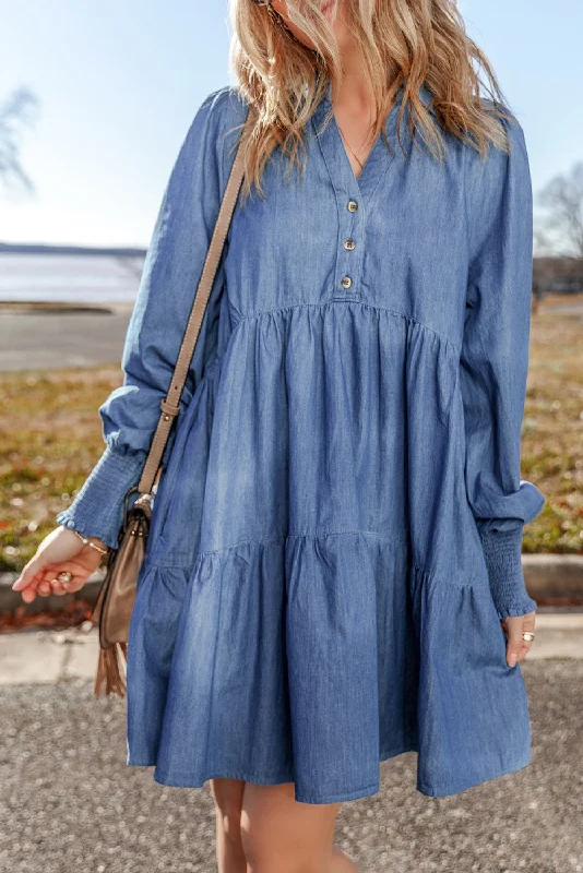 Blue Zone Planet |  Dusk Blue Smocked Cuff Buttoned Tiered Denim Mini Dress