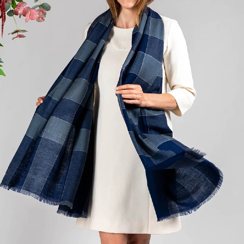 French Blue and Navy Check Cashmere Shawl Cozy Plaid Shawl Scarf