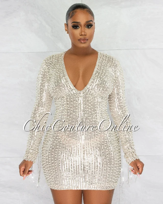 Glory Silver Sequin Pearls Chain Sleeves Fringe Mini Dress