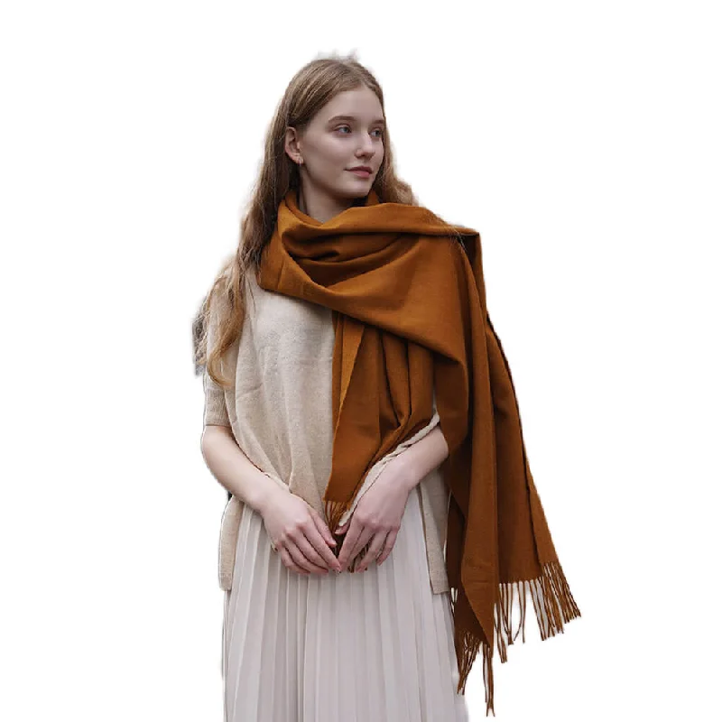 Gold Cashmere Water Ripple Fringe Shawl Cozy Plaid Wool Shawl