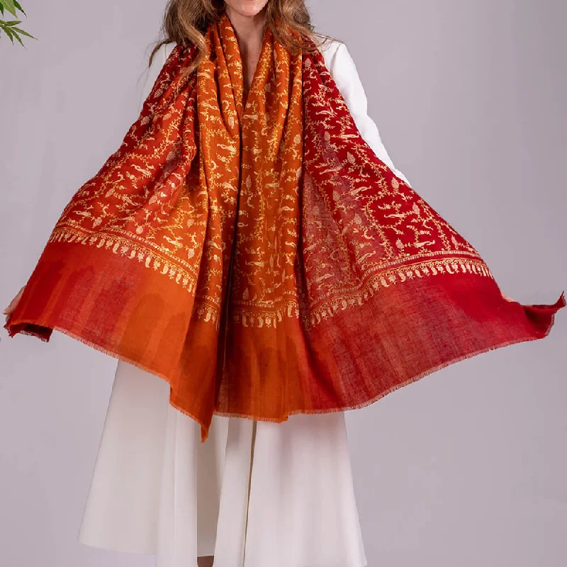 Hand Embroidered Pashmina Cashmere Shawl - Autumn Shades Trendy Crochet Shawl Scarf