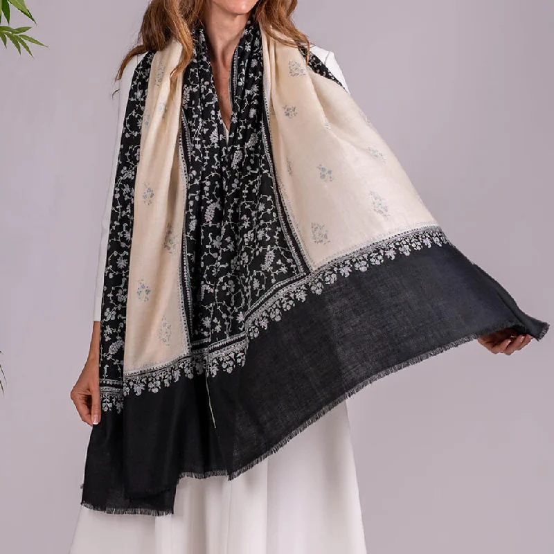 Hand Embroidered Pashmina Cashmere Shawl - Black and Cream Soft Cotton Shawl Cape