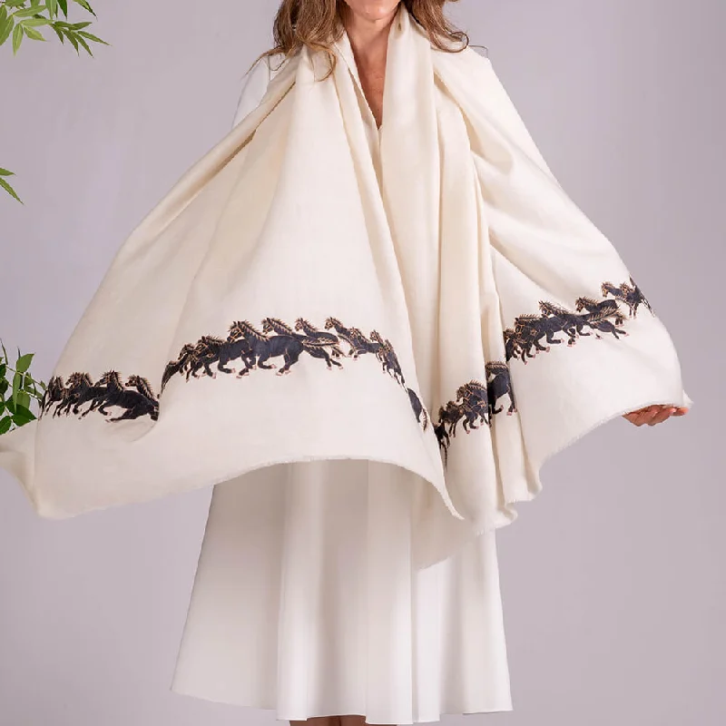 Hand Embroidered Pashmina Cashmere Shawl- Black Horses Classic Lace Shawl Wrap
