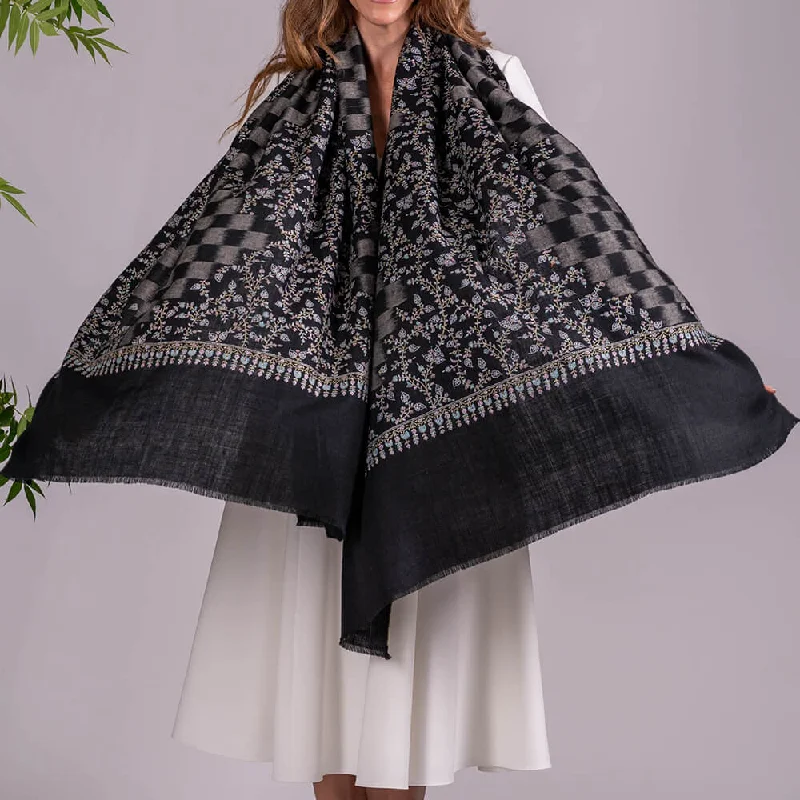 Hand Embroidered Pashmina Cashmere Shawl - Black Ikat Cozy Woolen Shawl Cape