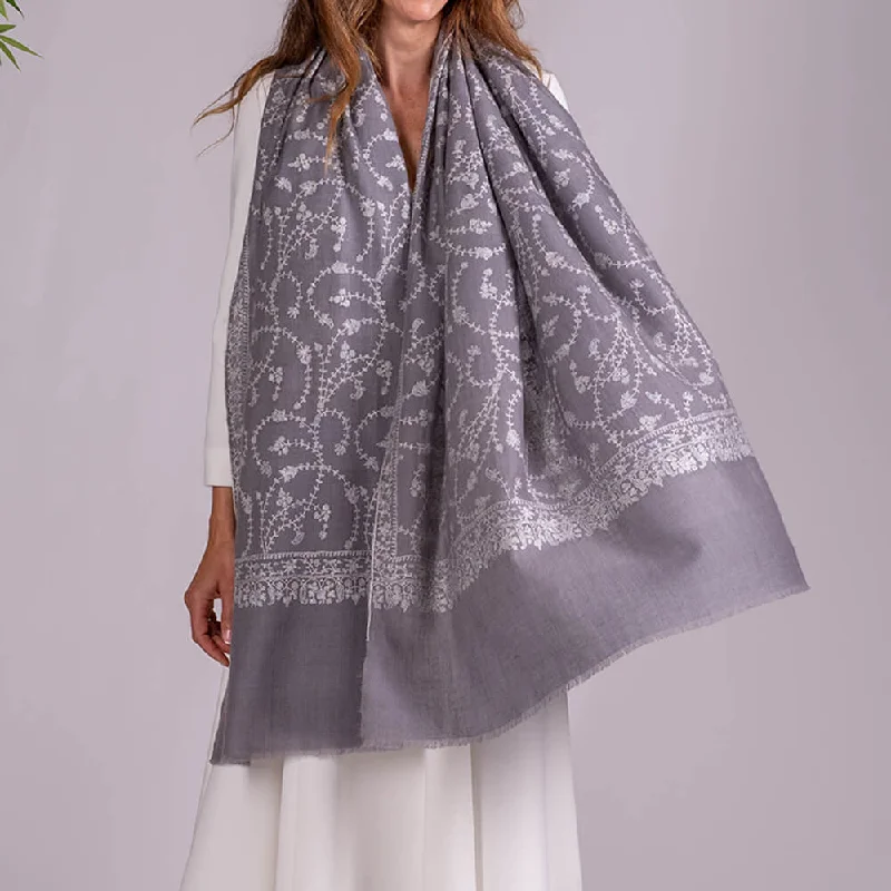 Hand Embroidered Pashmina Cashmere Shawl - Soft Grey & White Soft Faux Fur Shawl