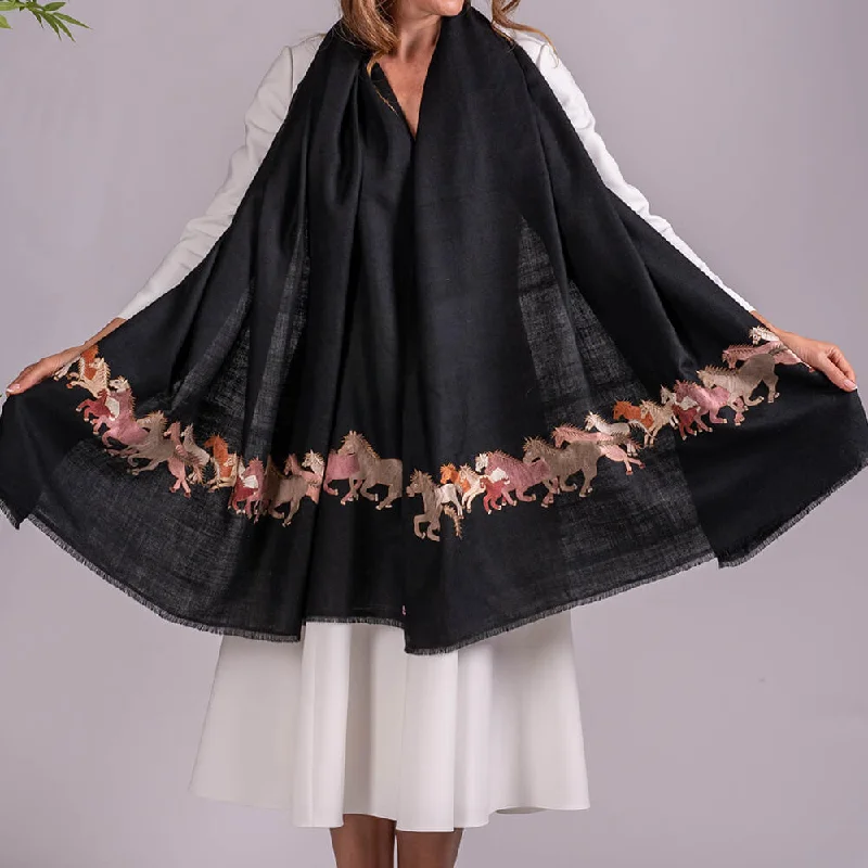 Hand Embroidered Pashmina Cashmere Shawl - Horses Trendy Embroidered Shawl Wrap