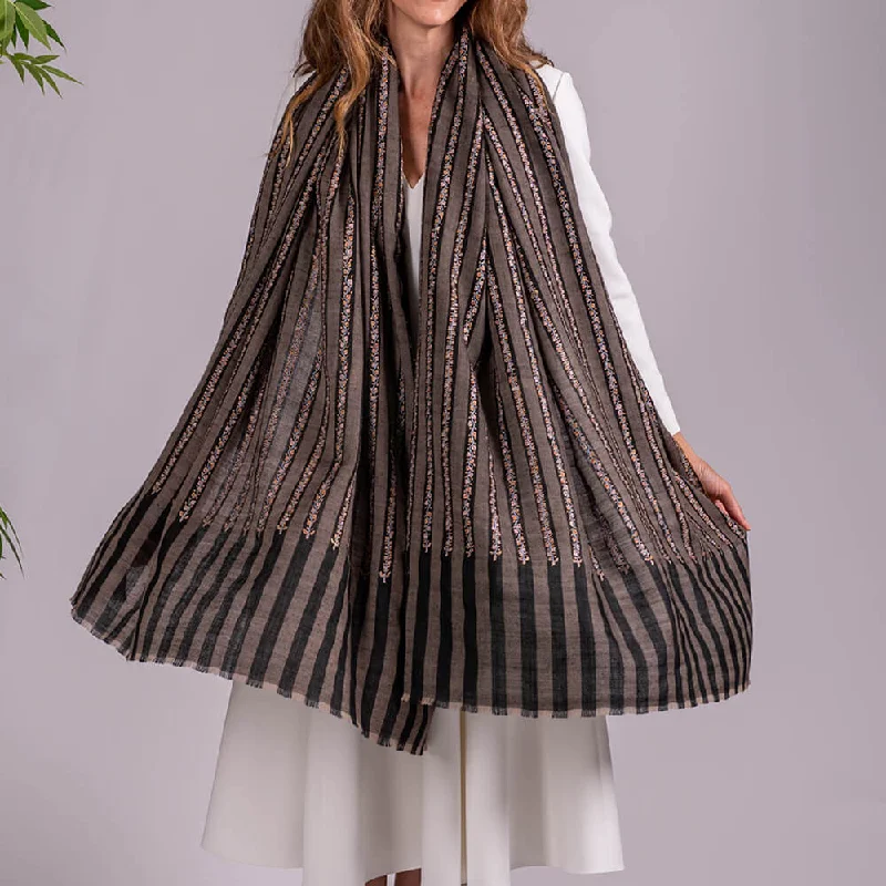 Hand Embroidered Pashmina Cashmere Shawl - Narrow Stripe Elegant Silk Shawl Wrap