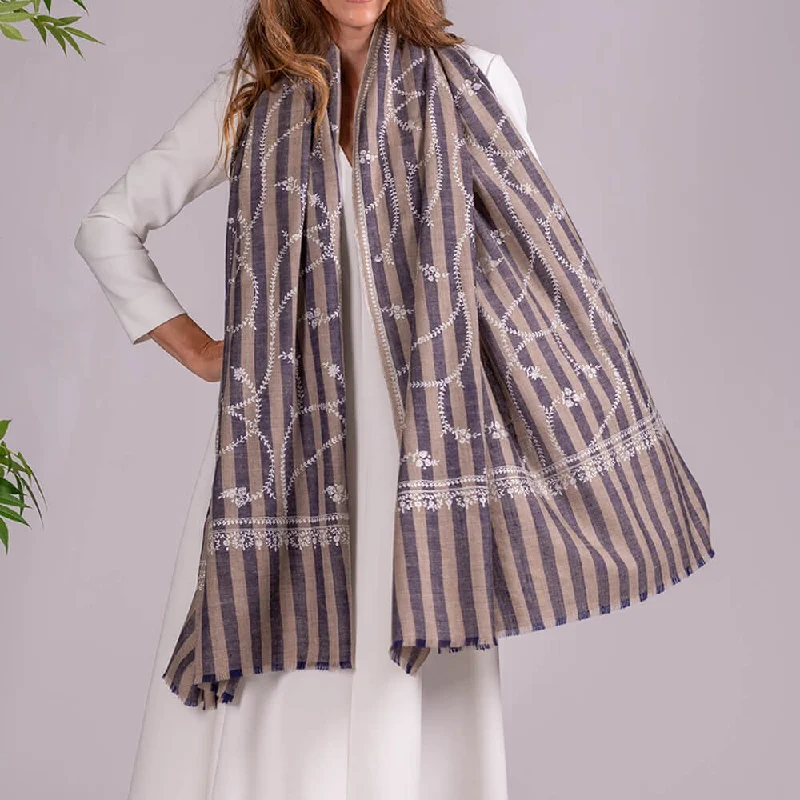 Hand Embroidered Pashmina Cashmere Shawl - Navy & Natural Stripe Trendy Knitted Shawl Wrap