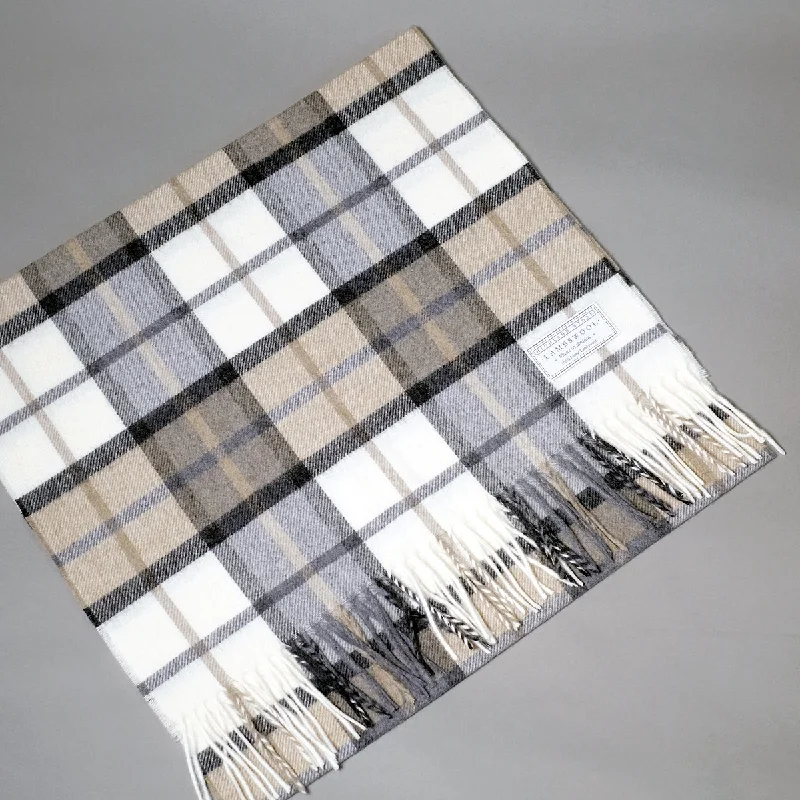 Lambswool Shawl in White Beige and Grey Check Soft Cotton Shawl Poncho