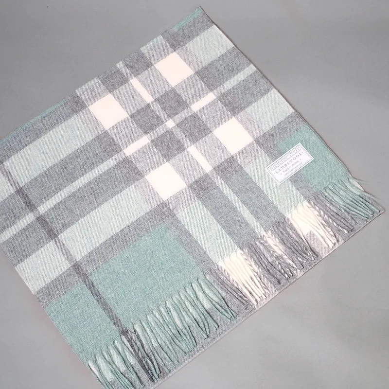 Lambswool Shawl in White Mint and Grey Check Comfortable Knitted Shawl Wrap