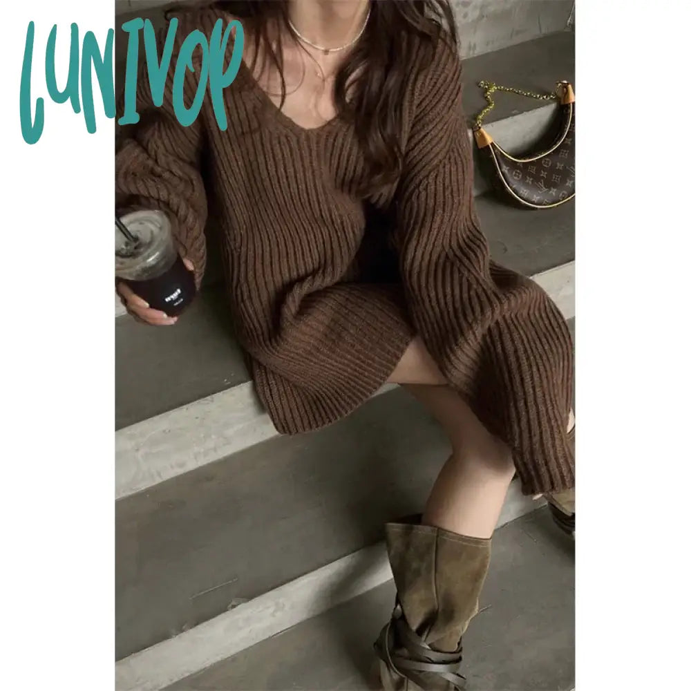 Lunivop Y2K Knitted Mini Dress Women Vintage Sexy V Neck Sweater One Piece Dresses Autumn Winter Streetwear Korean Casual Vestidos