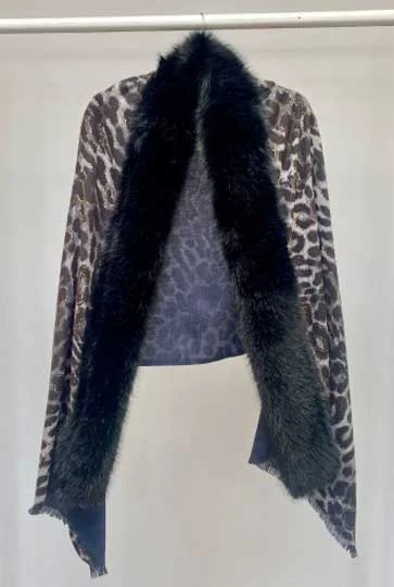 Malissa J Leopard Print Faux Fur Shawl, Grey Chic Embroidered Shawl Wrap