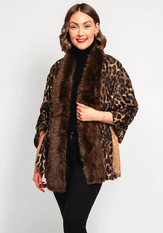 Malissa J Leopard Print Faux Fur Shawl, Brown Warm Cashmere Shawl Cape