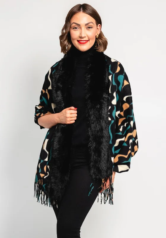 Malissa J Abstract Print Faux Fur Shawl, Black Multi Trendy Bohemian Shawl Cape