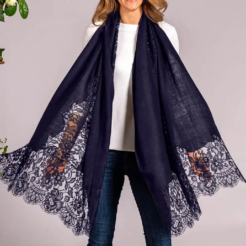 Navy Cashmere and Chantilly Lace Shawl Fashionable Wool Blend Shawl