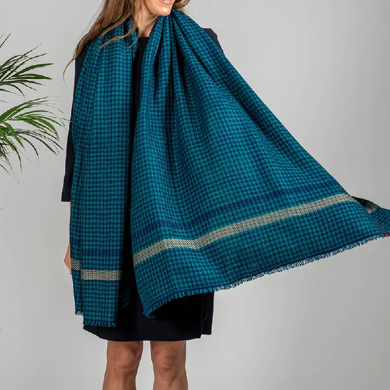 Navy and Teal Houndstooth Hand Woven Pashmina Cashmere Shawl Fashionable Shawl with Fringe