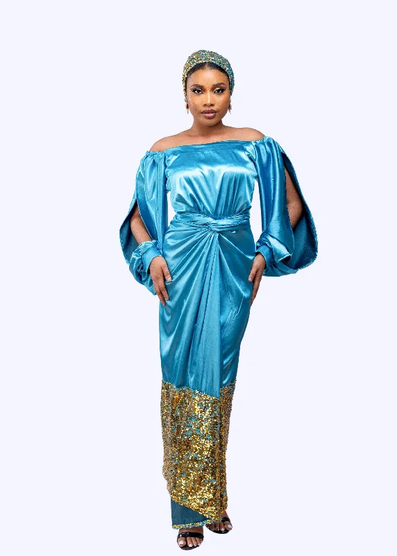 Ogaraya silk off shoulder wrap long dress with sequin