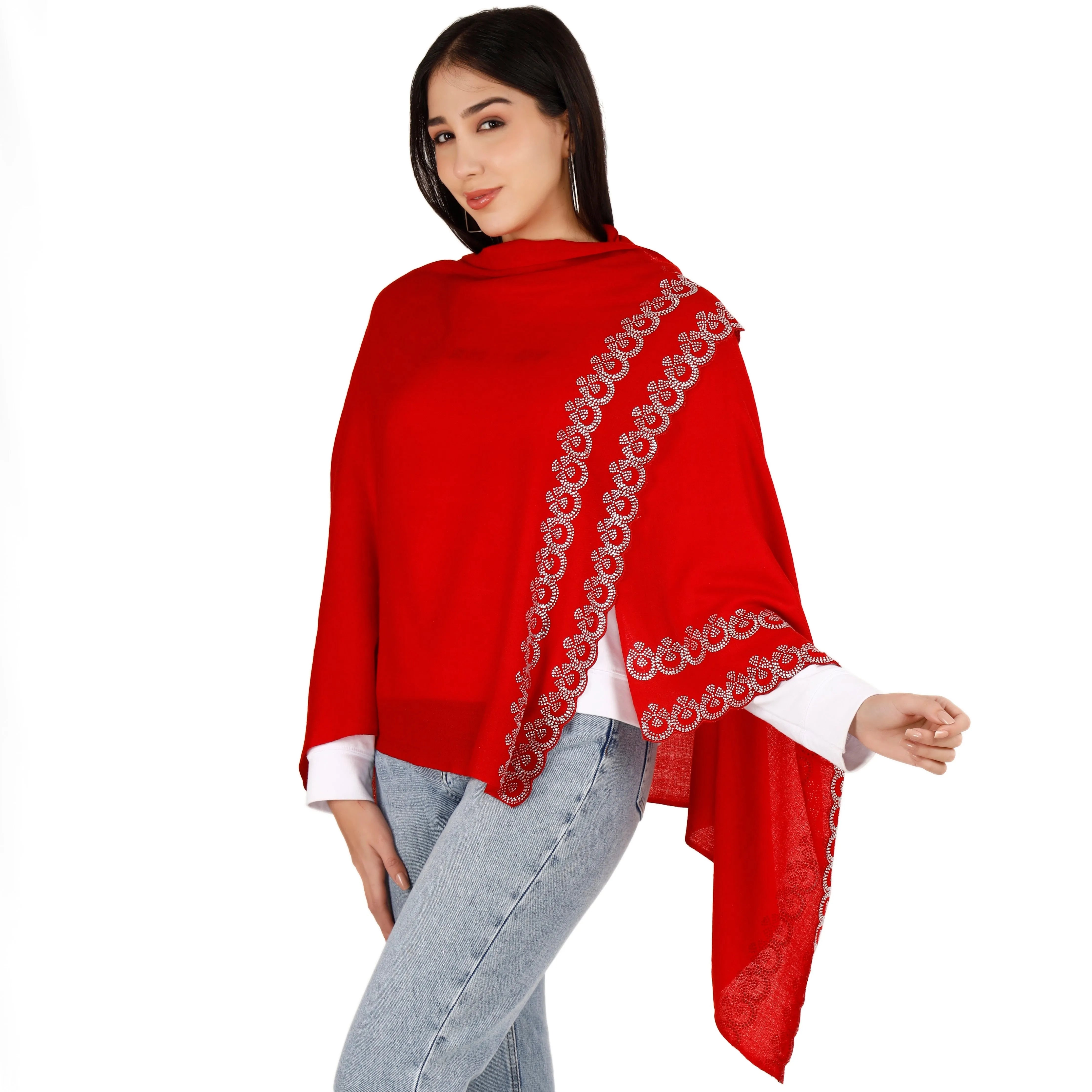 Large Pashmina Shawl with Crystal Beads Border Warm Knit Shawl Scarf