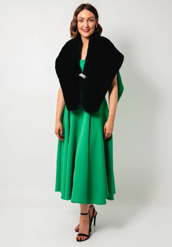 Serafina Collection One Size Faux Fur Shawl, Dark Green Classic Shawl with Tassels