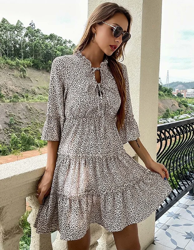 Printed Round Neck High Waist Ruffle Short A-Line Dresses