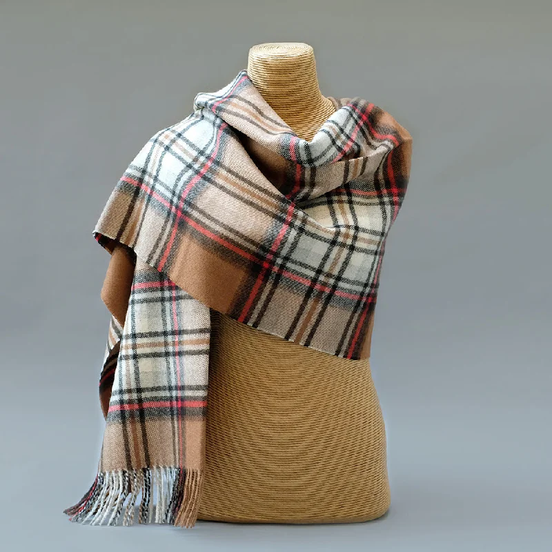 Pure Alpaca shawl in Camel Stewart Tartan Trendy Embroidered Shawl Wrap