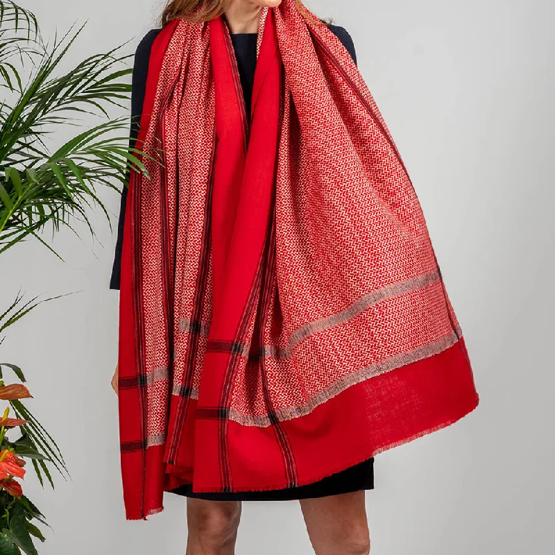 Red and Ivory Hand Woven Pashmina Cashmere Shawl Cozy Plaid Wool Shawl