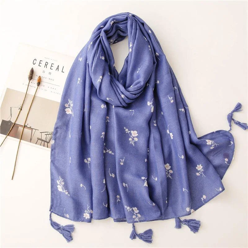 Sky Blue Garden Floral Tassel Shawls Fashionable Silk Shawl Wrap