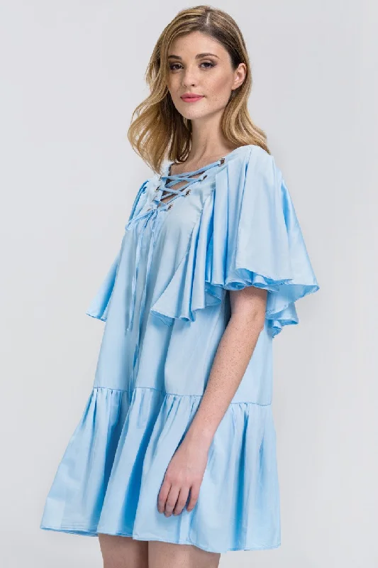 Sky Blue V-Lace Up Ruffled Tunic Mini Dress