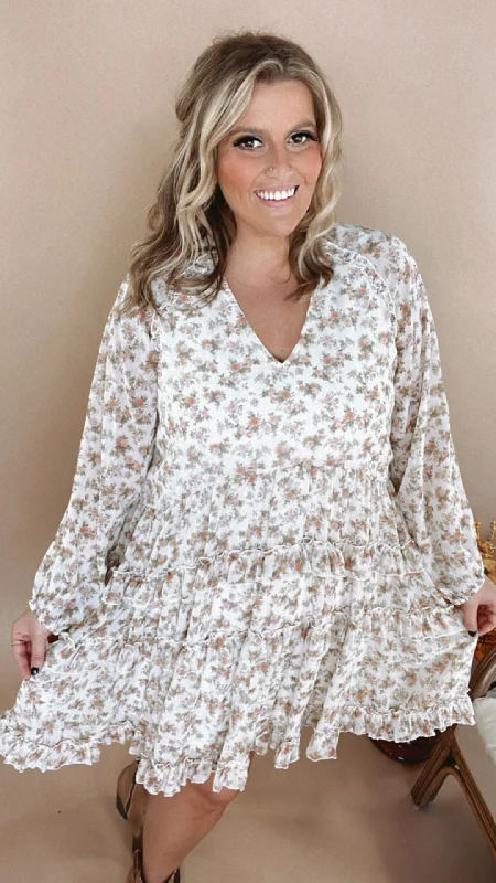 Floral Fling Long Sleeve Mini Dress, Cream