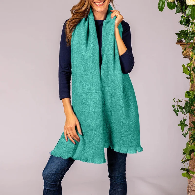 Super Luxe Aqua Green Basket Weave Cashmere Shawl Stylish Fringed Shawl Cape