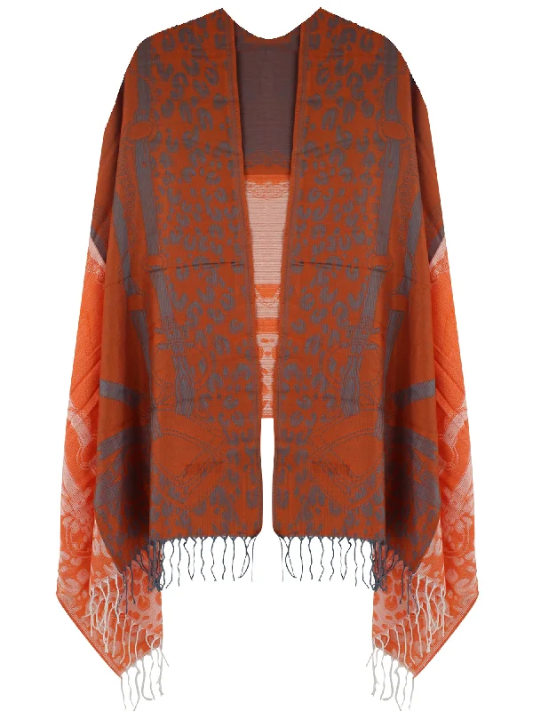 Vibrant Orange Chain & Animal Shawl Wrap Cozy Chunky Knit Shawl