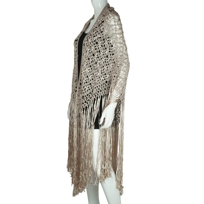 Vintage Fringed Ribbon Shawl Hand Knotted Macrame Wrap Warm Woolen Shawl Wrap