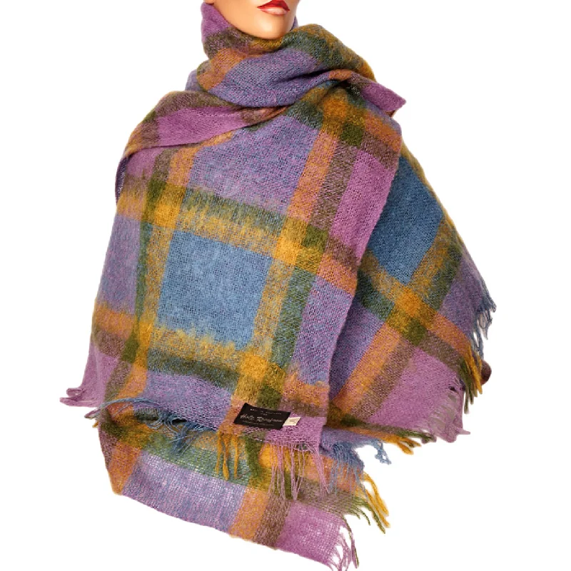 Vintage Scottish Mohair Shawl Plaid Throw Blanket Holt Renfrew 54” x 68” Classic Cashmere Shawl Scarf