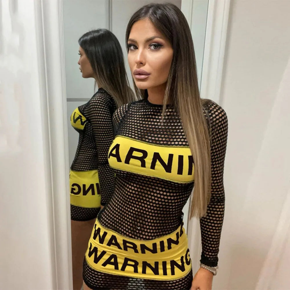 "Warning Sign" Mesh Black Mini Dress