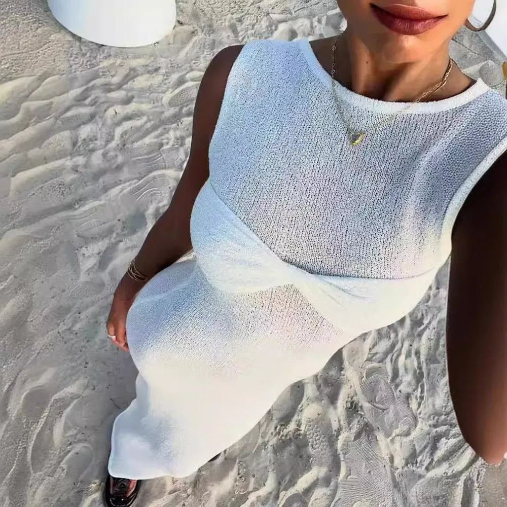 Lunivop White Knitted Long Dress Women Sexy See Through Slim Beach Dress Summer Elegant Fashion Sleeveless Holiday Outfits 2024 Pink