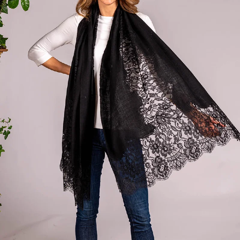 Black Cashmere and Chantilly Lace Shawl Comfortable Summer Shawl Wrap
