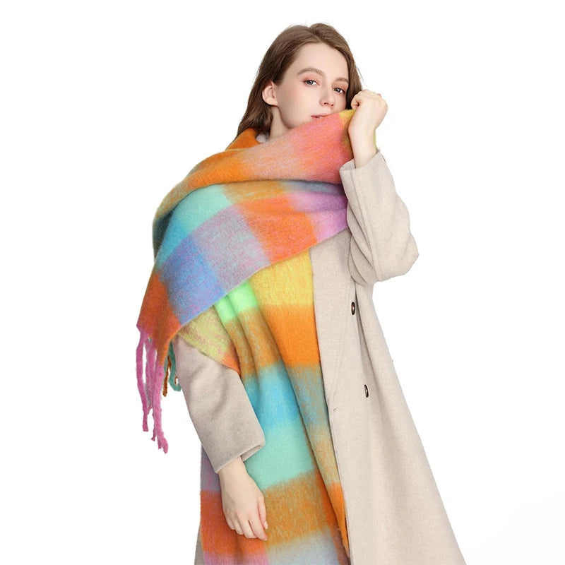 Women's Luxury Cashmere Bright Solid Colors Tassel Thick Winter Shawl Trendy Long Knit Shawl