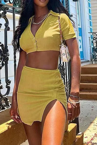 Yellow Solid Ribbed Polo Neck Buttons Crop Top With Slit Mini Dress